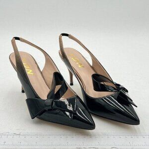 YDN Black Gold Stiletto Heel Pumps Bow Pointed Toe Slingback Slip on Sandals